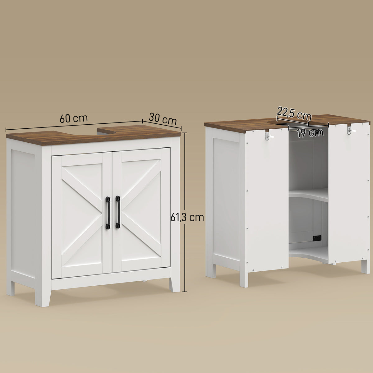 Meuble sous lavabo, meuble de salle de bain moderne avec 2 portes de grange et étagère réglable, blanc-2
