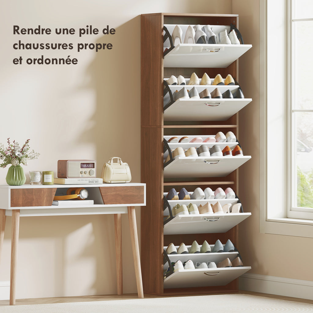 Armoire à Chaussures Meuble à Chaussures 5 Portes abattantes Bicolore Blanc Marron foncé Imitation Bois-3