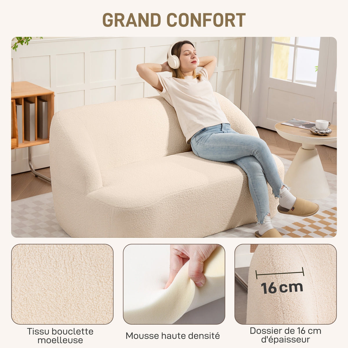 Canapé 2 places canapé en tissu bouclette 142 cm avec dossier et assise incurvés, aucun assemblage requis, beige-4