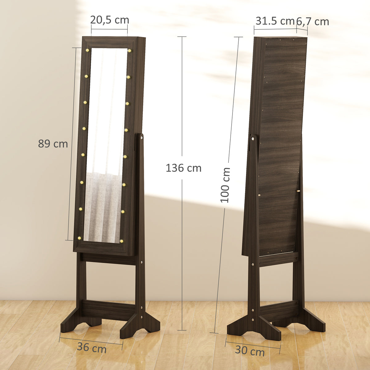 Armoire à Bijoux, Armoire de Rangement sur Pieds, Boîte à Bijoux avec Miroir Multi-Rangements Éclairage LED Marron Foncé-2