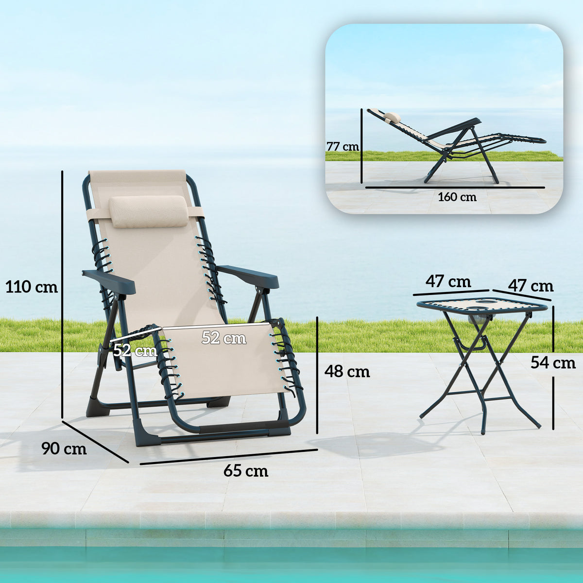 Lot de 2 chaise longue pliable et inclinable avec table d'appoint, porte-gobelets et appuie-têtes, charge 120 kg, beige-2