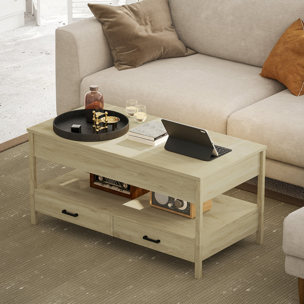 Table basse relevable, table basse avec tiroirs et compartiment caché pour salon, bureau à domicile, chêne-6