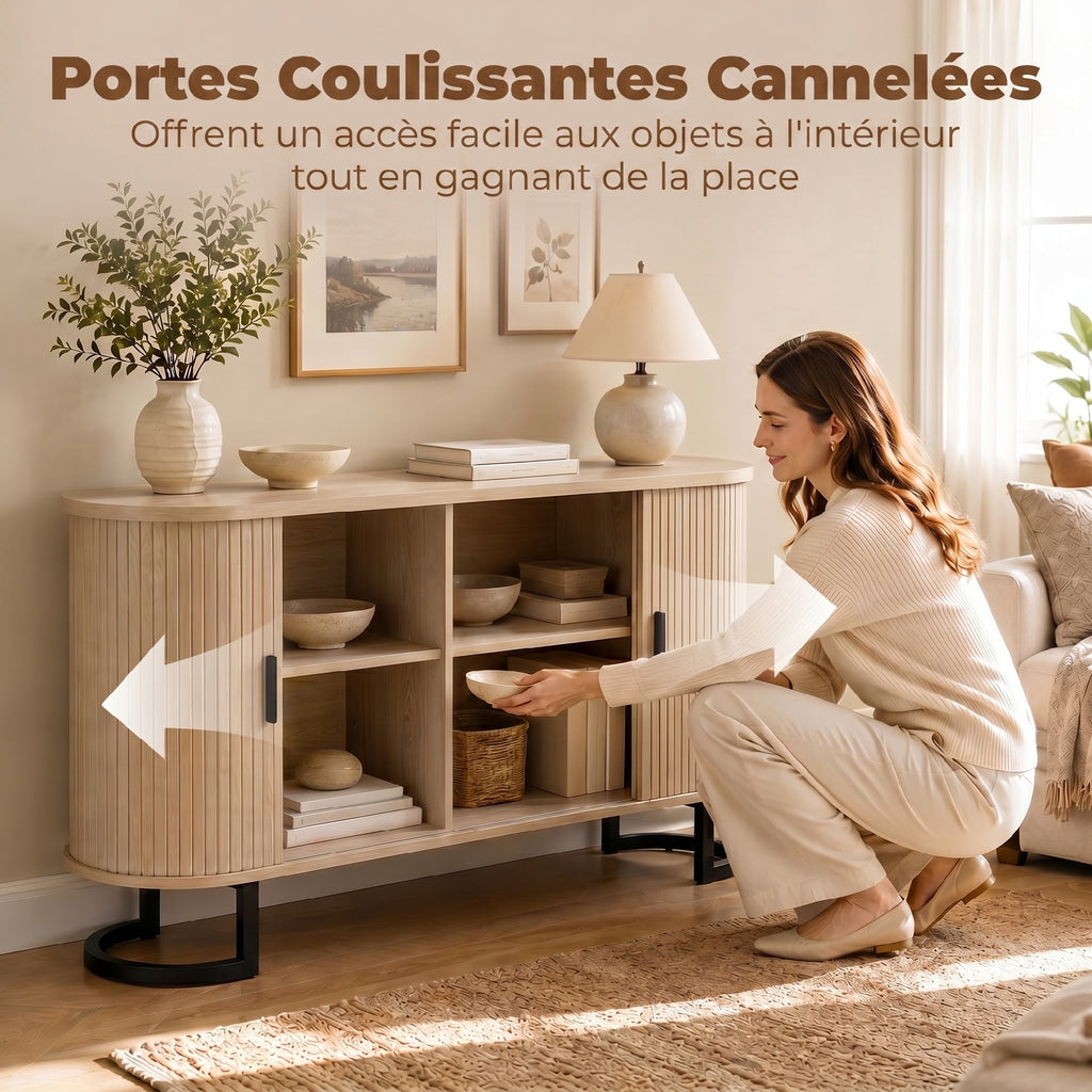 Buffet salon, meuble de rangement ovale avec 2 portes coulissantes et étagères réglables, 140x40x75cm, bois naturel-3