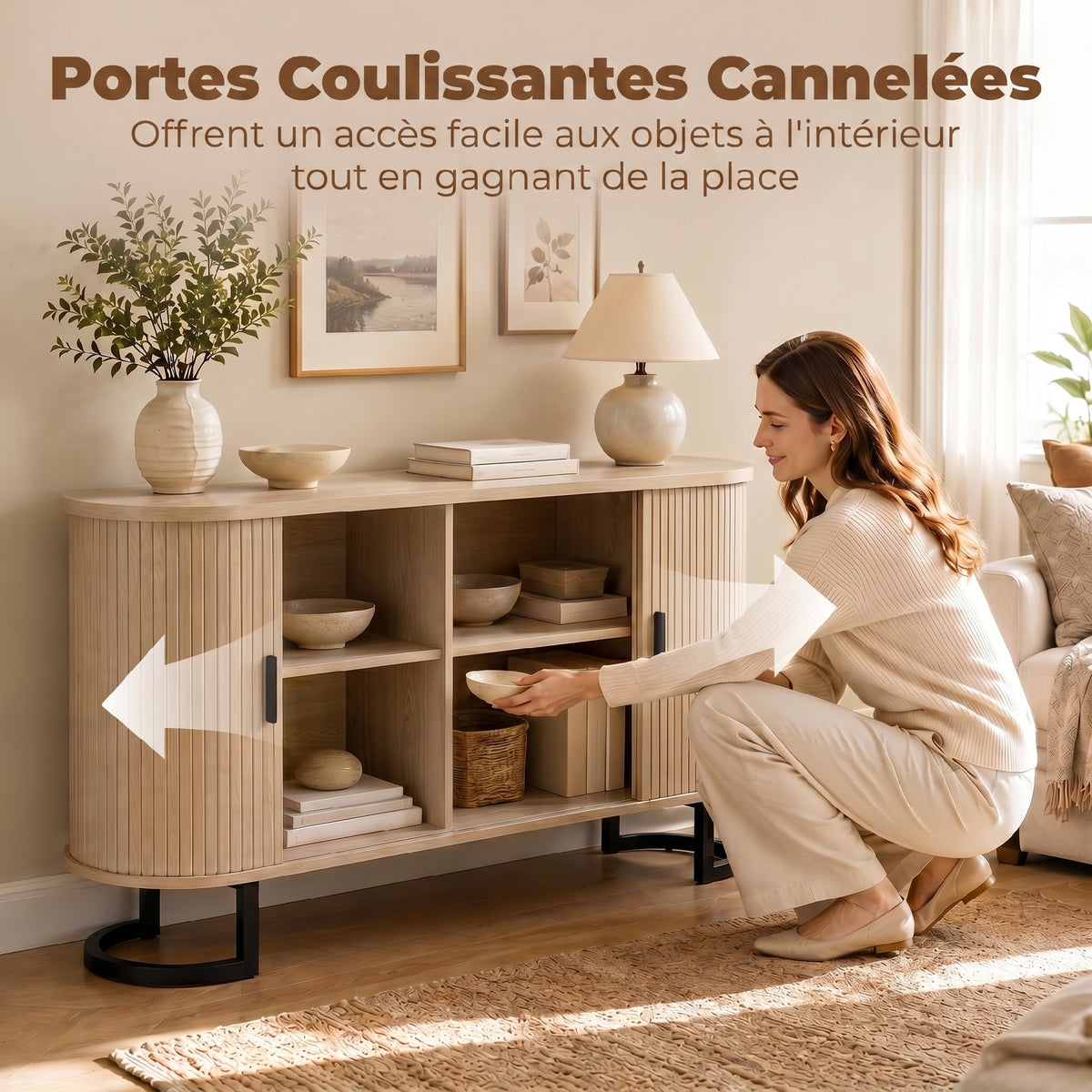 Buffet salon, meuble de rangement ovale avec 2 portes coulissantes et étagères réglables, 140x40x75cm, bois naturel-3
