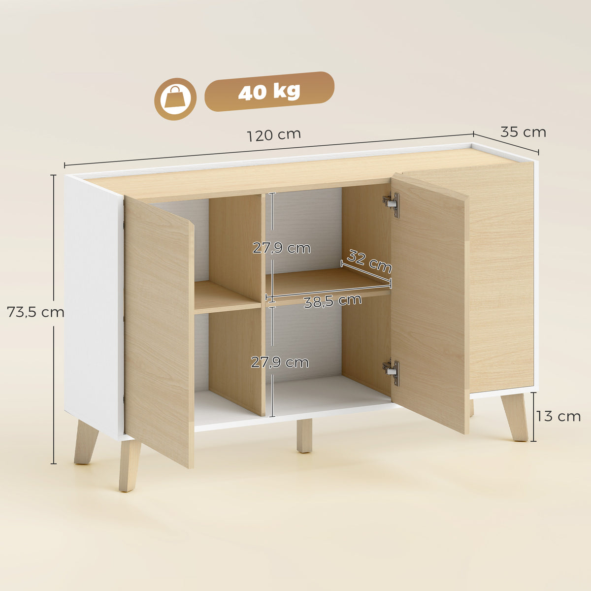 Buffet cuisine, meuble de rangement nordique, 3 portes à fermeture douce, 6 compartiments, bois naturel et blanc-2