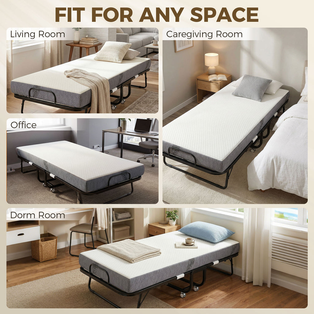 Lit pliant 1 personne 200 x 80 cm avec matelas, lit d'appoint pliable et portable sur roulettes, cadre en acier, blanc-8