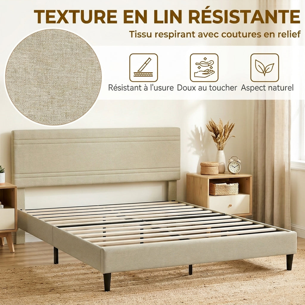 Cadre de Lit 160 x 200 cm avec Sommier en Bois, Rembourré en Effet Lin, Cadre en Acier, 9 Pieds Robustes, Beige-4