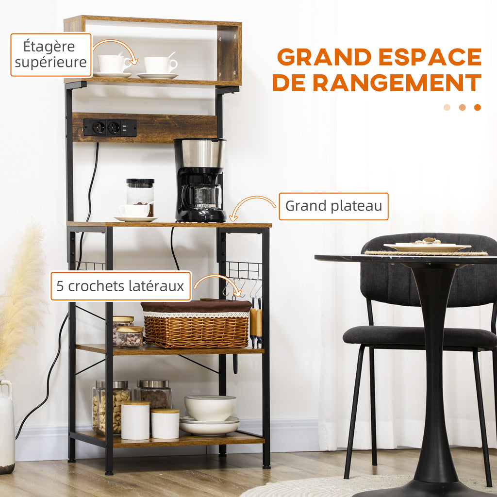 Étagère de cuisine support pour micro-ondes avec 2 chargeurs USB et 2 prise de courant, 5 crochets et étagère réglable-5