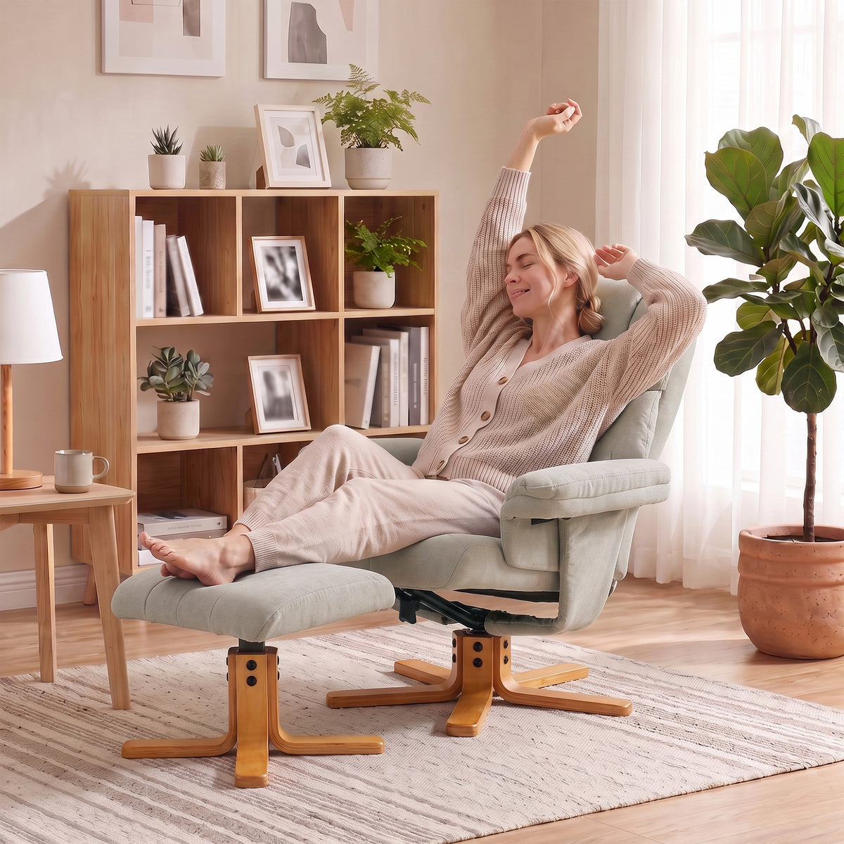 Fauteuil relax avec repose-pied, fauteuil de relaxation, dossier inclinable, assise rembourrée, 79x80x104cm, crème-8
