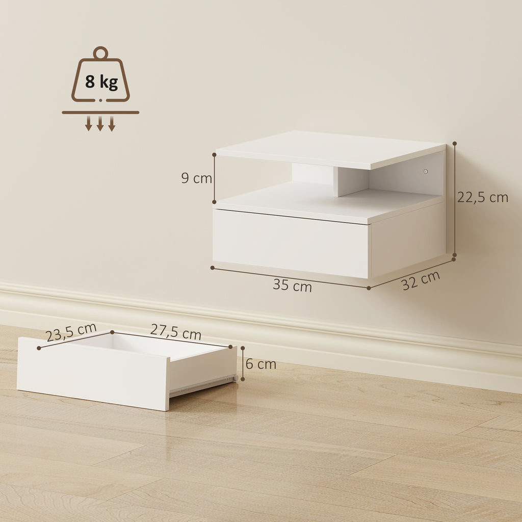 Lot de 2 tables de chevet murales, tables de nuit suspendues avec tiroir, étagère ouverte, 35x32x22,5cm, blanc-2