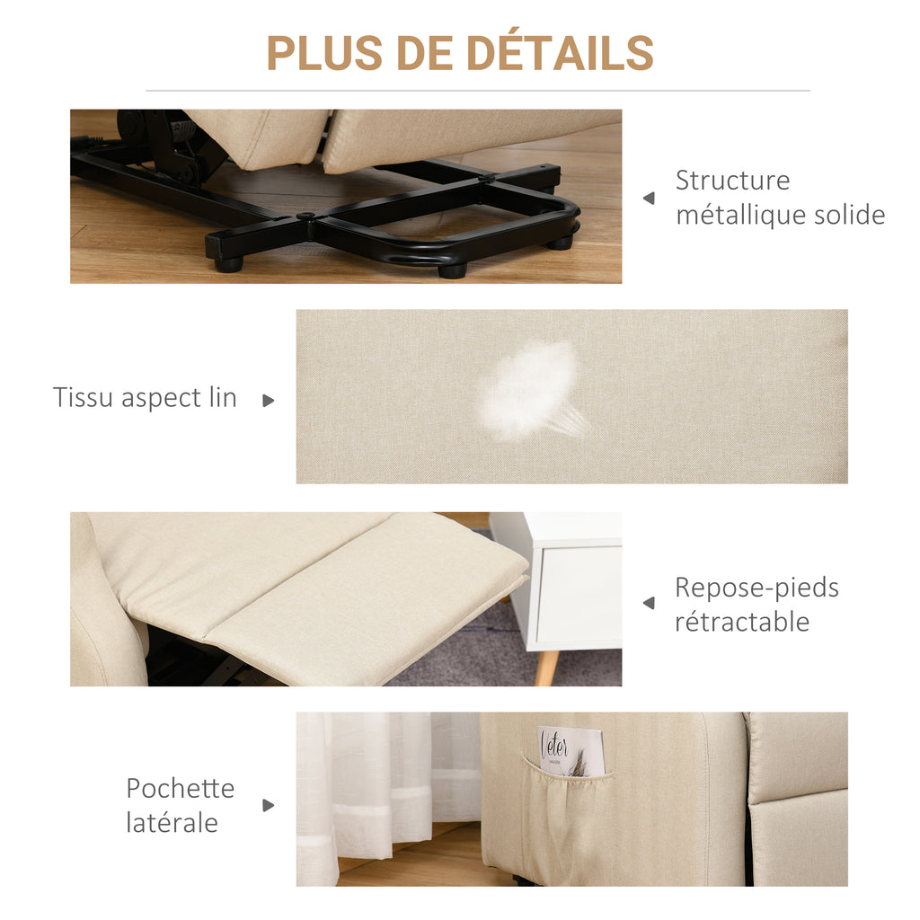 Fauteuil releveur inclinable avec Repose-Pied Fauteuil de Relaxation électrique Ajustable Lin Crème-3
