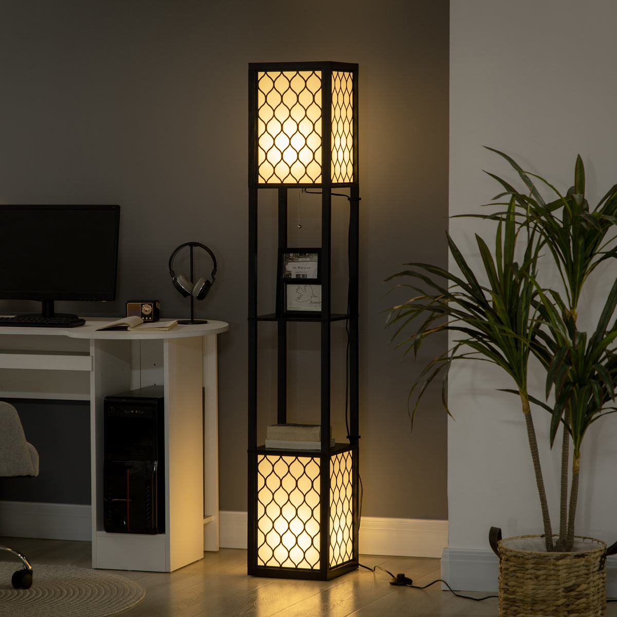 Lampadaire étagère 2 lampes 2 étagères 4 niveaux MDF noir motif nid d'abeille 26 x 26 x 156 cm noir-9