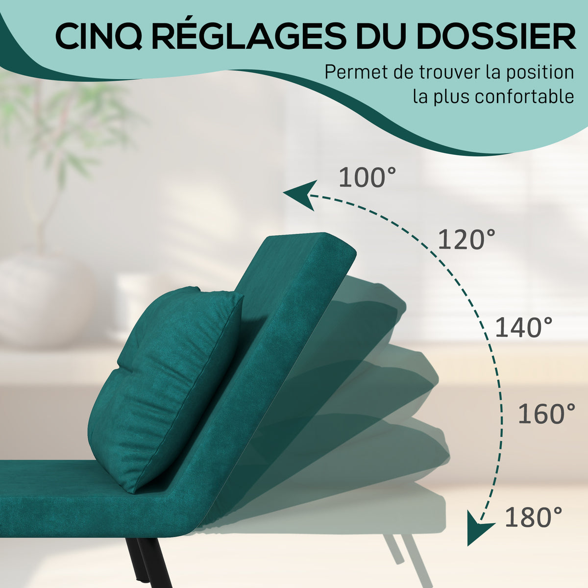 Fauteuil convertible 1 place fauteuil-lit chauffeuse 3 en 1 dossier réglable oreiller tissu velours 63x73x81cm vert-4