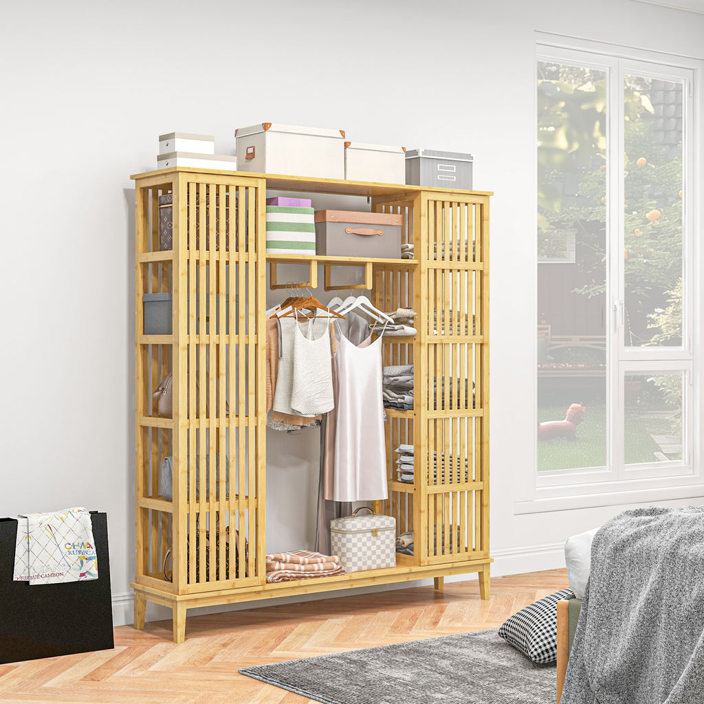 Armoire en bambou avec 2 portes coulissantes, étagères et tringle, grande armoire pour la chambre, 145 x 35 x 165cm-1