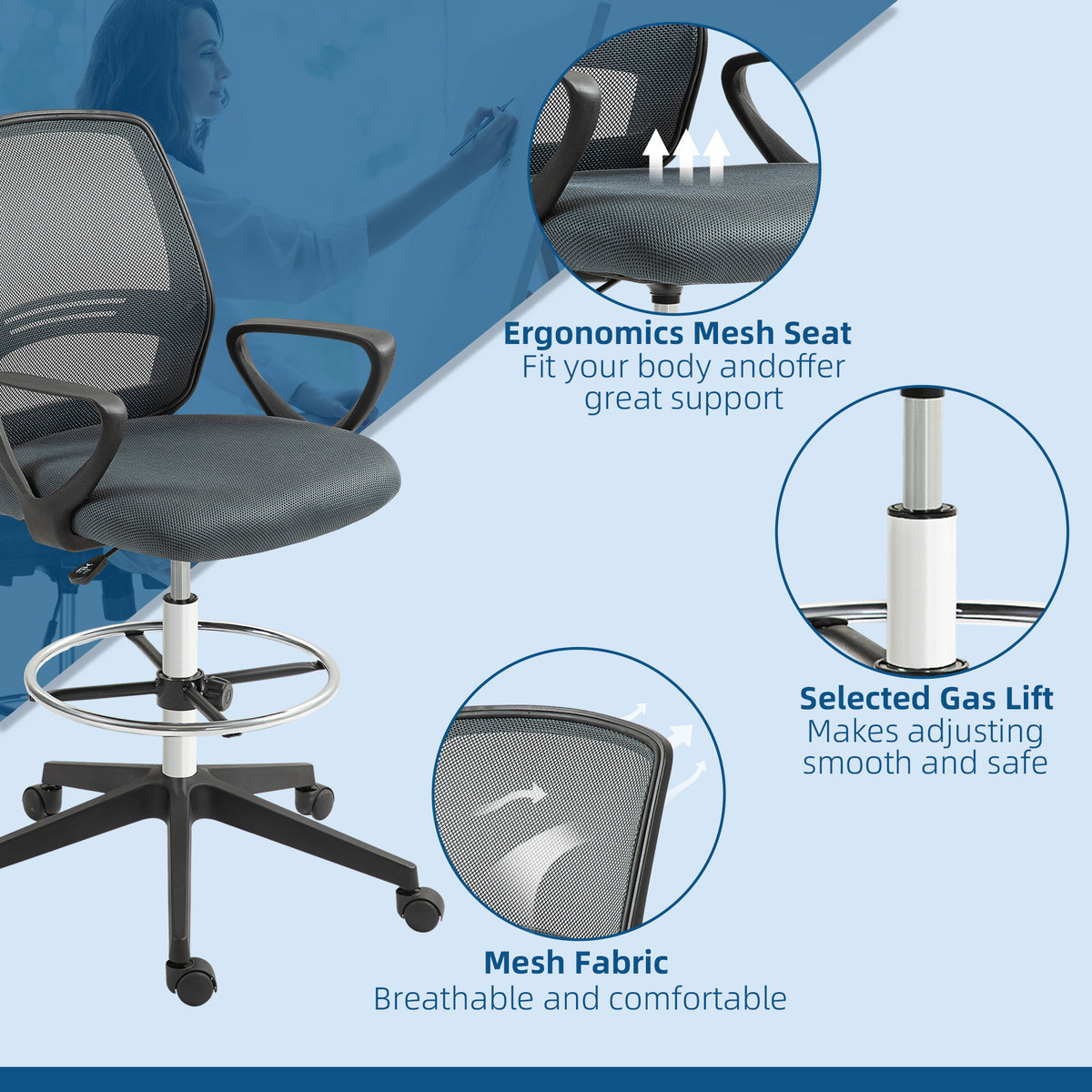 Fauteuil de bureau chaise de bureau assise haute réglable tabouret de bureau pivotant 360° maille respirante-7