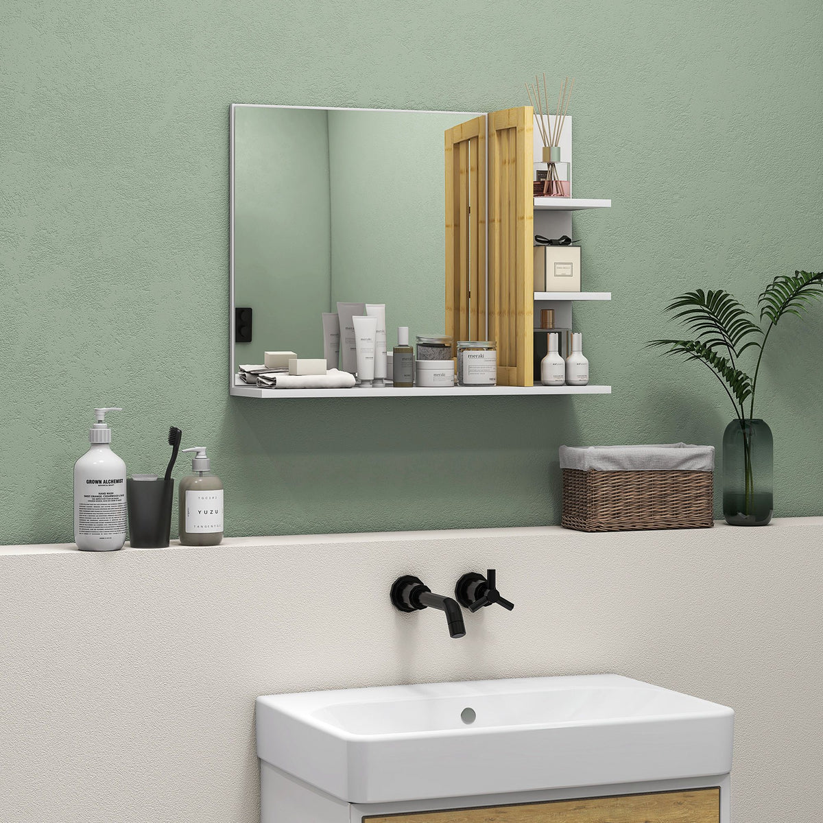 Miroir mural de salle de bain avec 3 étagères latérales 1 étagère inférieure en bambou 45 x 15 x 58,5 cm blanc-1