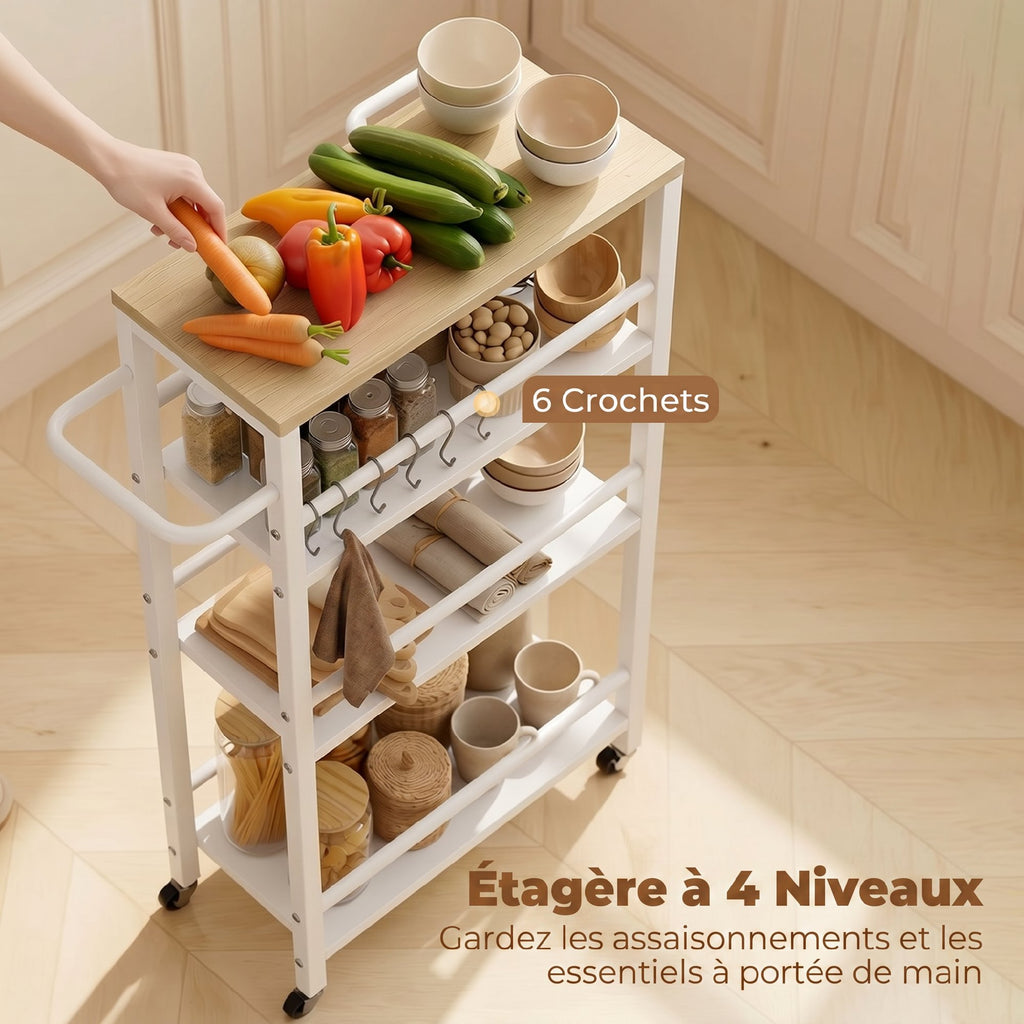 Desserte cuisine 4 niveaux, chariot de service à roulettes avec porte-serviettes et 6 crochets, 50 x 20 x 81 cm, chêne-4