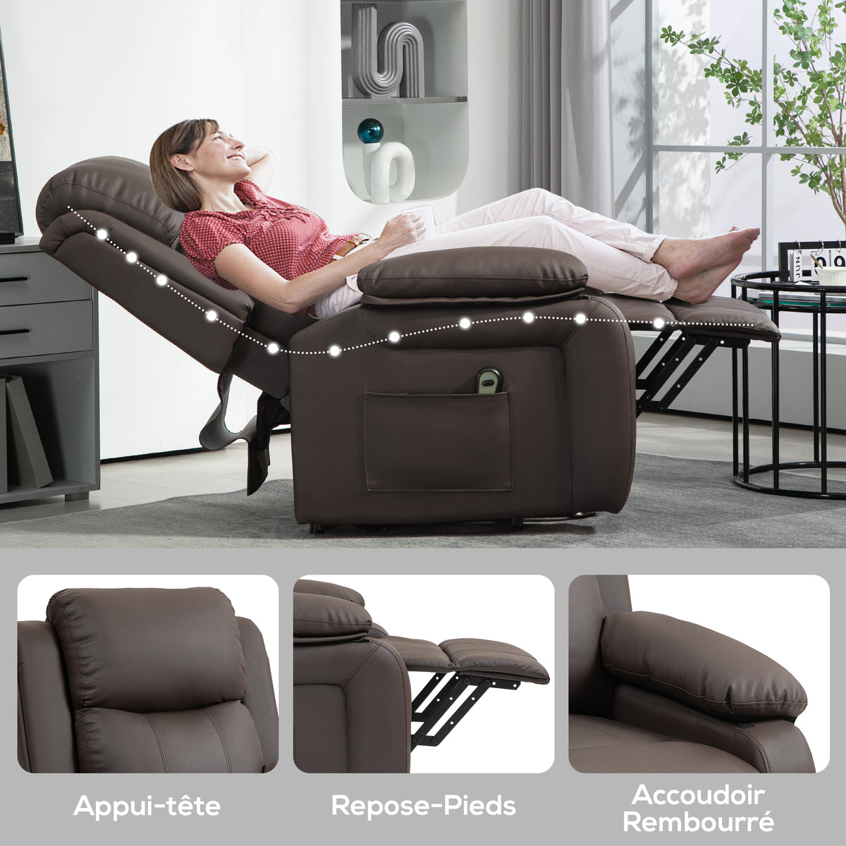 Fauteuil releveur électrique fauteuil relax électrique avec repose-pied télécommande et 2 pochettes 76x90x105cm marron-5