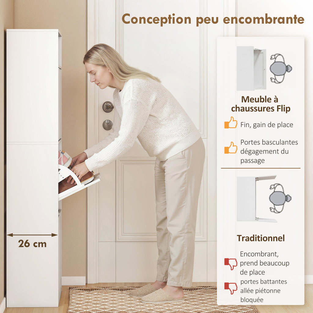 Meuble à chaussures 18 paires, armoire à chaussures étroite, 3 tiroirs rabattables, étagères réglables, blanc-3