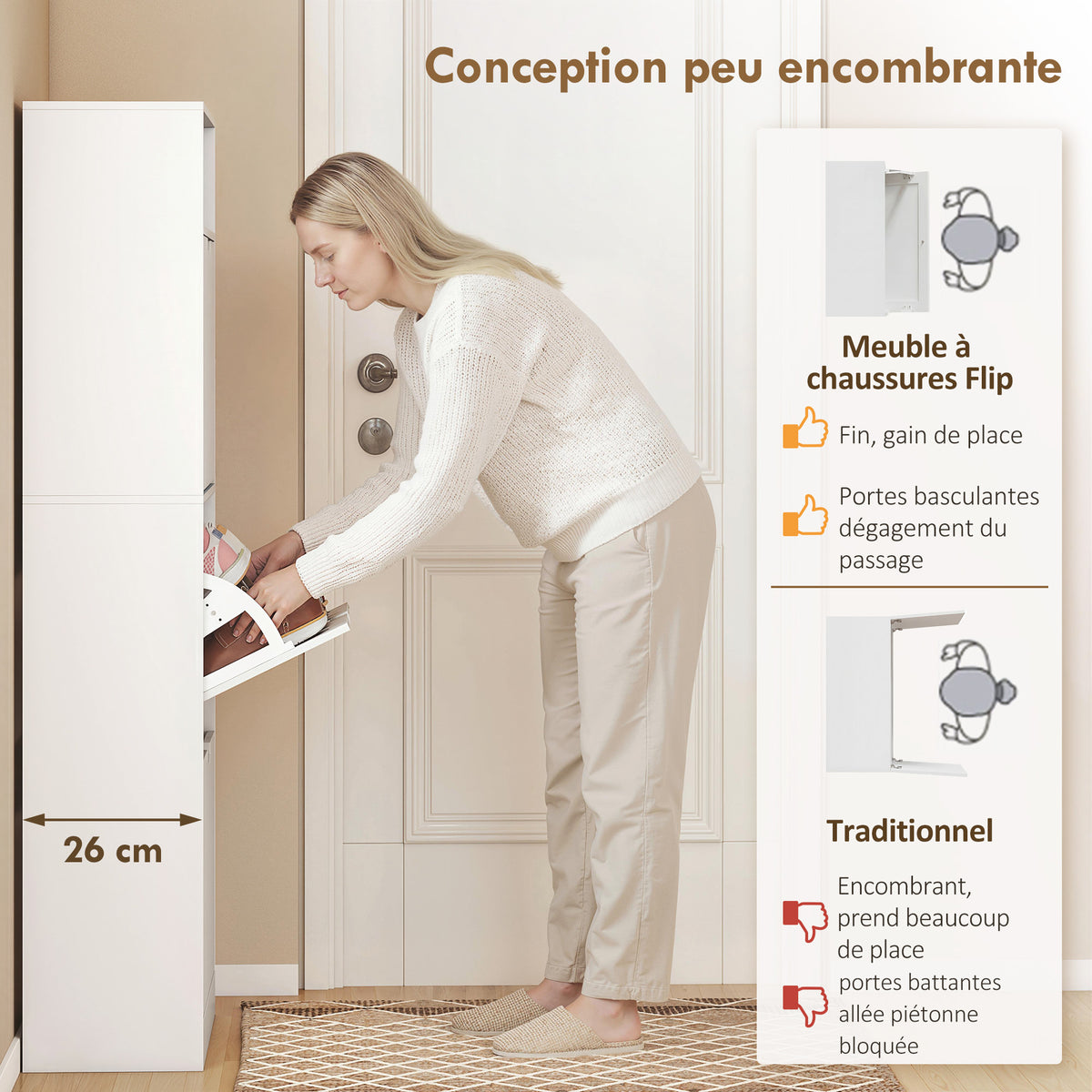 Meuble à chaussures 18 paires, armoire à chaussures étroite, 3 tiroirs rabattables, étagères réglables, blanc-3
