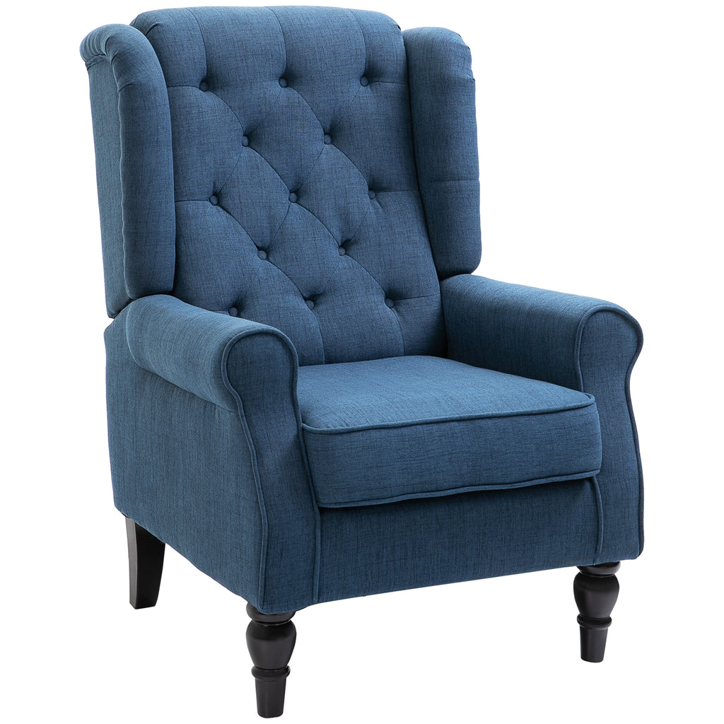 Fauteuil de Salon, Fauteuil Capitonné avec Pieds en Bois, Assise Large, Grand Confort, Classique, 74x86x102cm, Bleu-0