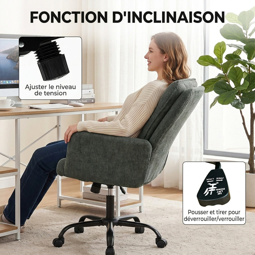 Chaise Bureau Ergonomique, Fauteuil de Bureau avec Hauteur Réglable, Assise Large, Fonction Bascule, Vert Foncé-5