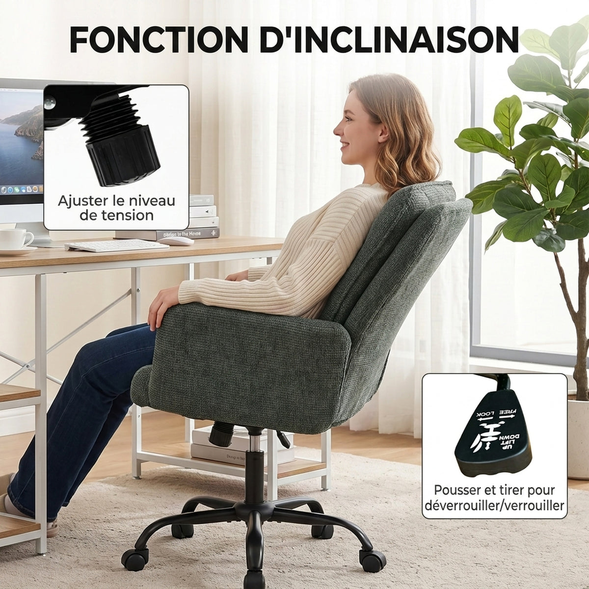 Chaise Bureau Ergonomique, Fauteuil de Bureau avec Hauteur Réglable, Assise Large, Fonction Bascule, Vert Foncé-5
