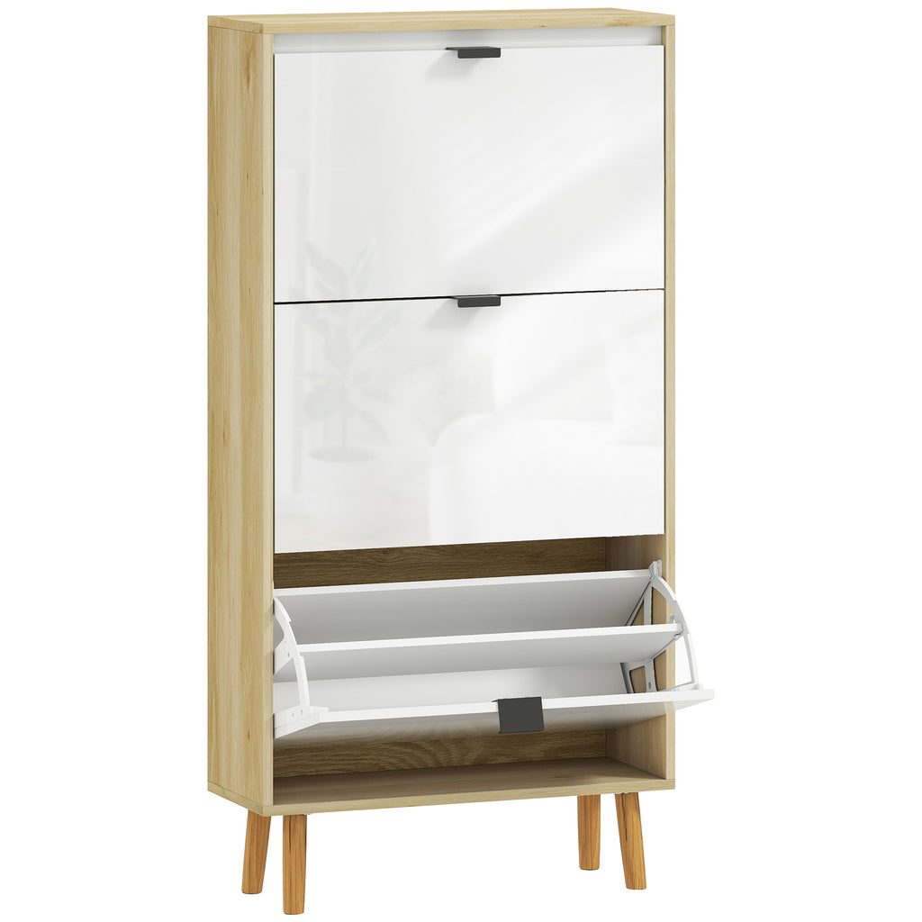 Meuble à chaussures, armoire à chaussures étroite, 3 tiroirs rabattables, porte haute brillante, 60x24x127cm, blanc-0