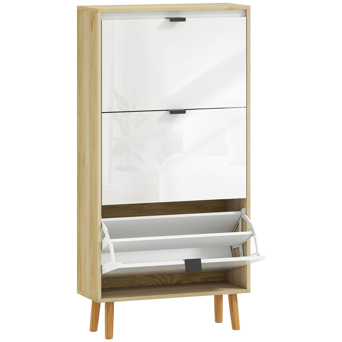 Meuble à chaussures, armoire à chaussures étroite, 3 tiroirs rabattables, porte haute brillante, 60x24x127cm, blanc-0