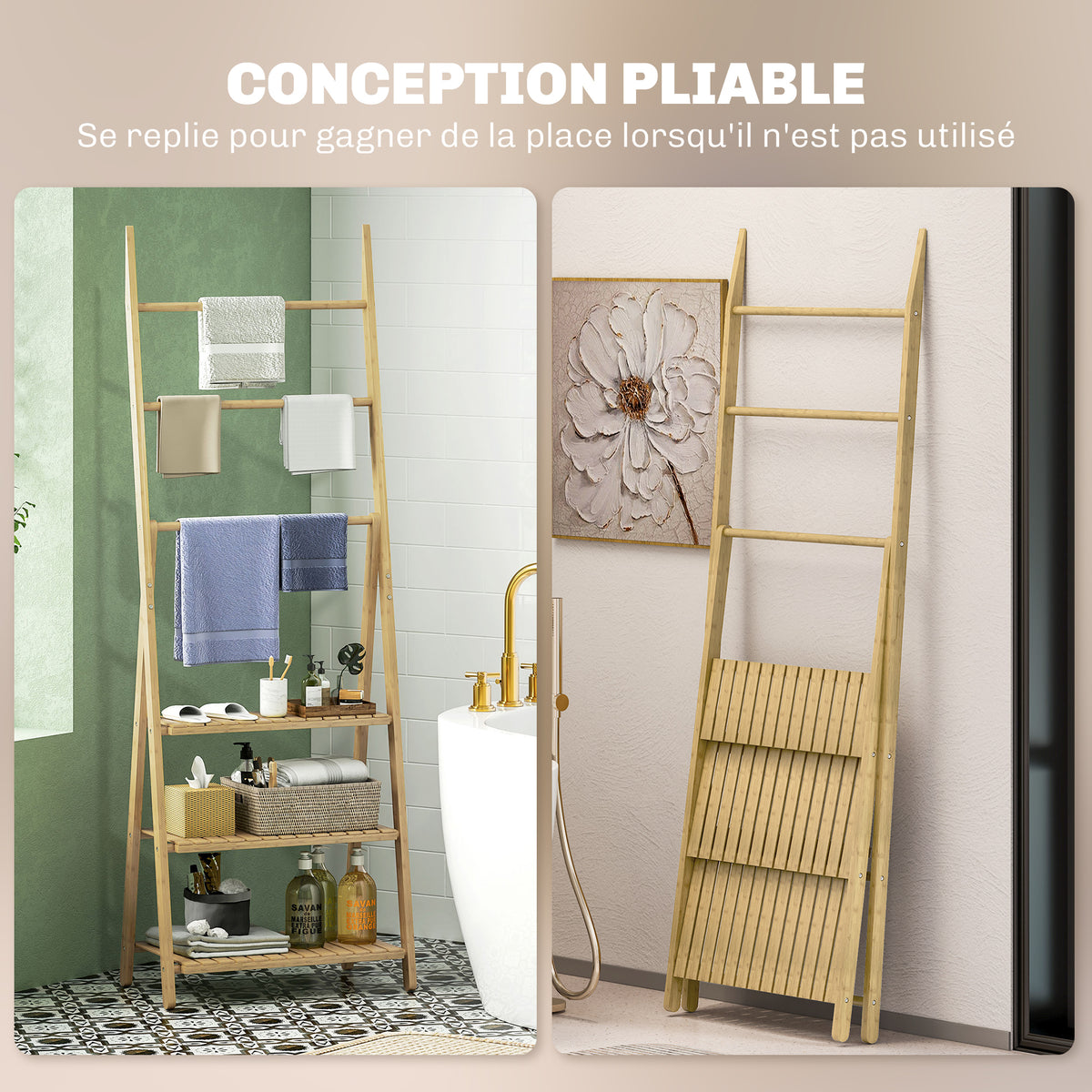 Étagère salle de bain en bambou pliable 3 niveaux étagère à échelle porte-serviettes 53,5x30x153cm effet bois naturel-3