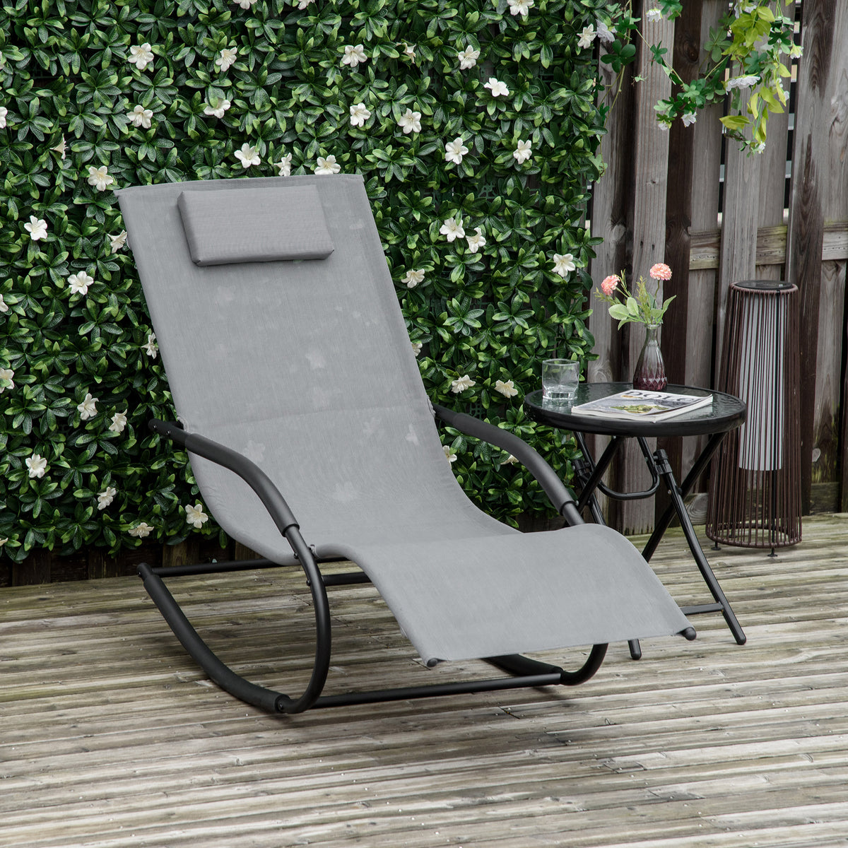 Chaise longue à bascule rocking chair ergonomique avec tétière accoudoirs métal galvanisé textilène Gris-1