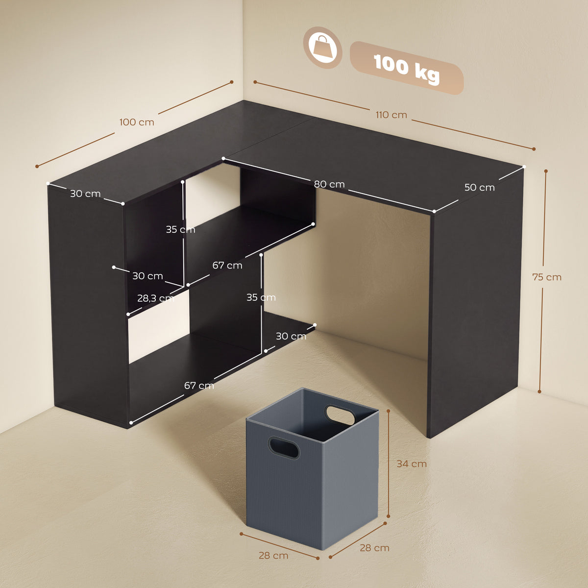 Bureau d'angle, bureau d'ordinateur avec tiroir en tissu et compartiments ouverts, 110 x 100 x 75 cm, noir-2