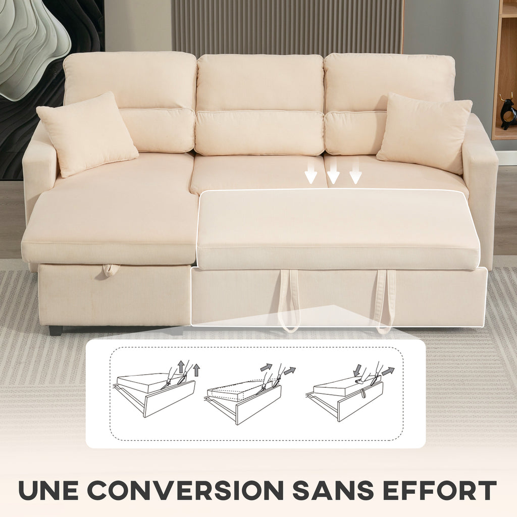 Canapé d'angle convertible en velours côtelé, canapé-lit 3 places avec rangement caché, coussins, 205x135x76cm, beige-4