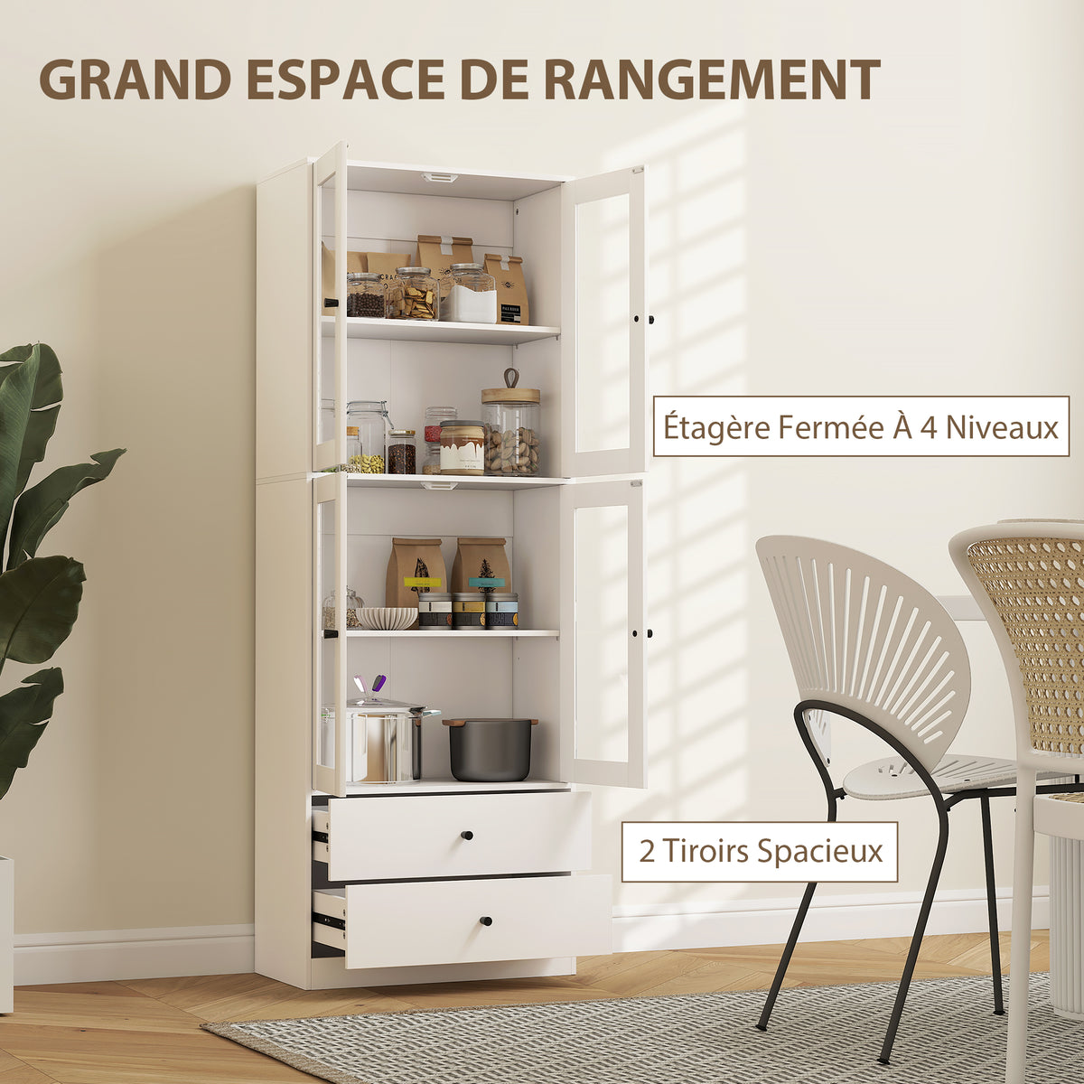 Buffet haut cuisine, armoire de cuisine avec portes vitrées, tiroirs et étagères réglables, 59x30x170cm, blanc brillant-3