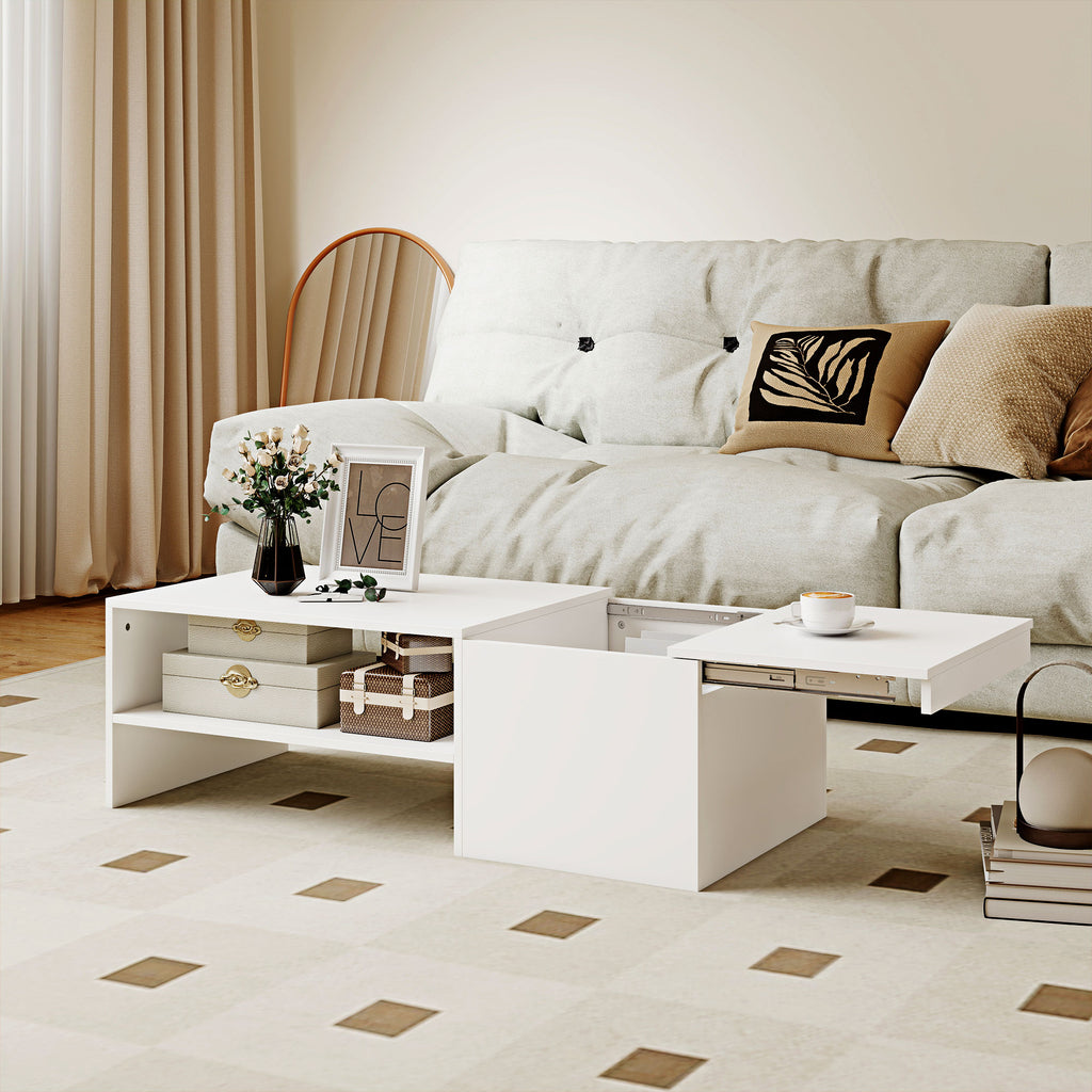 Table basse rectangulaire, table d'appoint plateau coulissant, rangement caché, étagère ouverte, 110 x 52 x 36 cm, blanc-9
