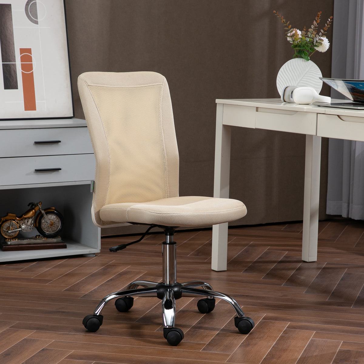 Chaise de bureau ergonomique hauteur réglable piètement chromé pivotant 360° revêtement maille beige-9