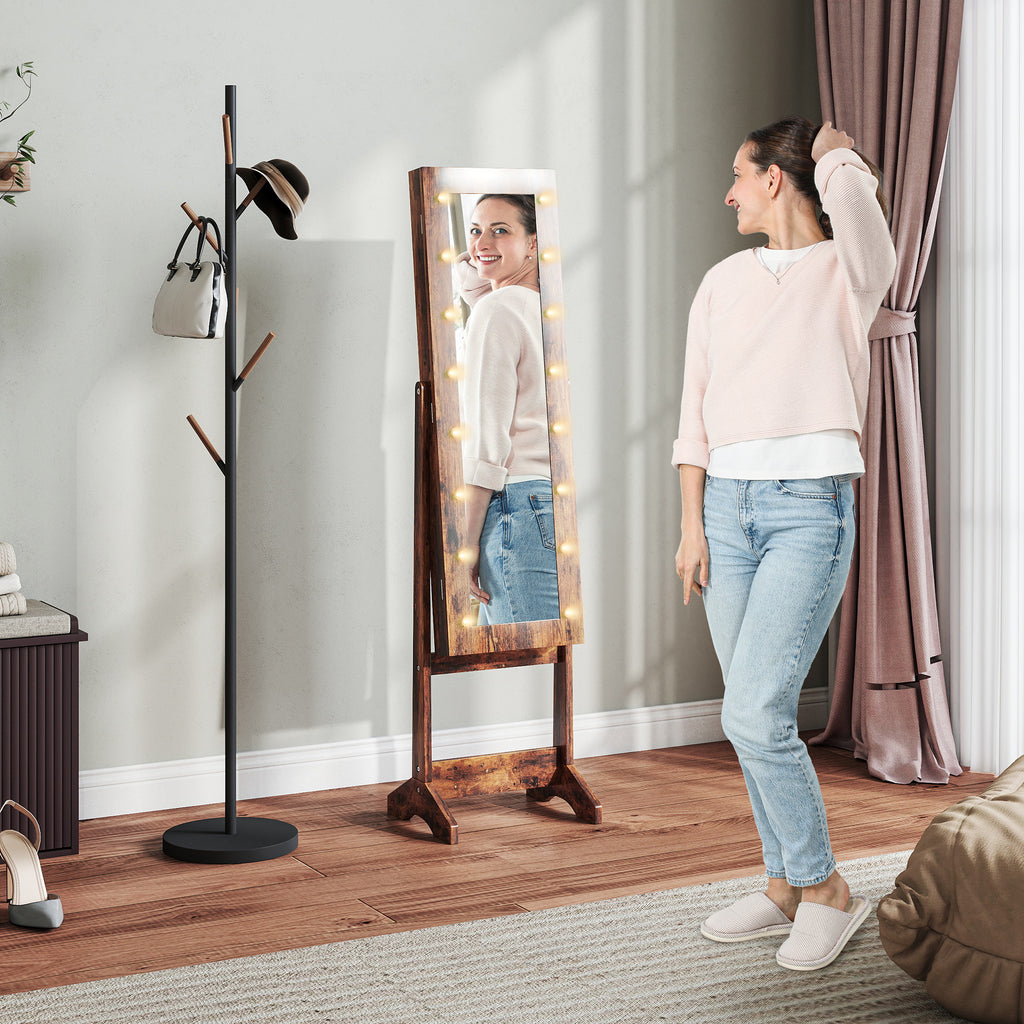 Armoire à bijoux armoire de rangement sur pieds boîte à bijoux avec miroir multi-rangements éclairage LED brun rustique-8