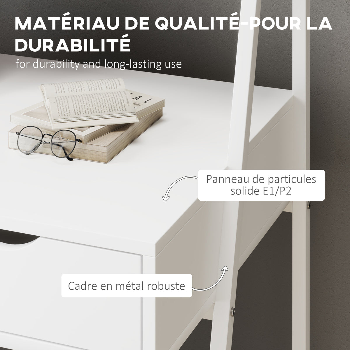 Bureau secrétaire Bureau Informatique Style néo-rétro tiroir Niche étagère métal Blanc-4
