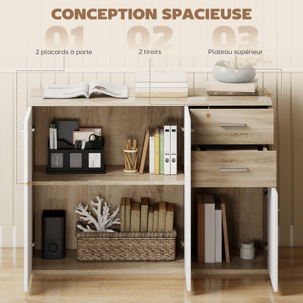 Buffet salon, meuble de rangement avec 2 tiroirs, 3 portes et étagère réglable, 106 x 35 x 76 cm, blanc et bois naturel-3