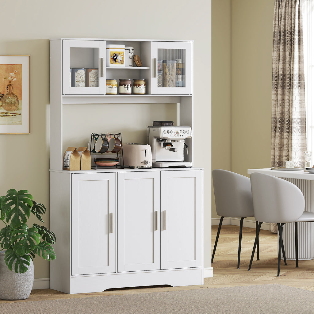Armoire de cuisine scandinave avec placards, compartiments ouverts, portes vitrées et plan de travail, blanc-7