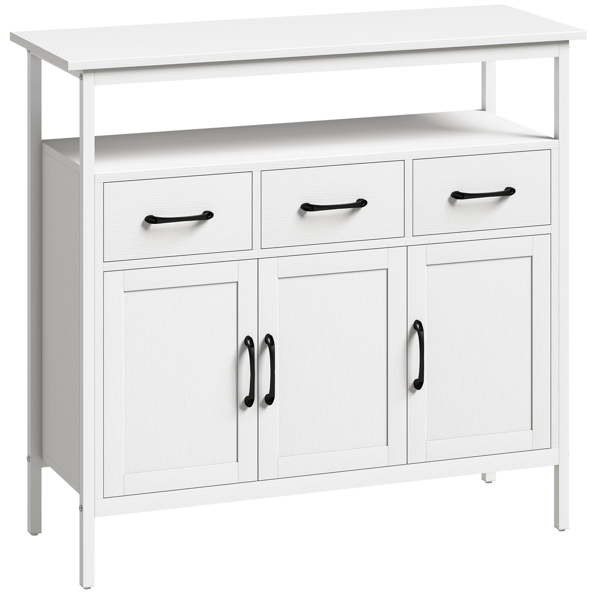 Buffet cuisine, meuble de rangement, 3 portes, 3 tiroirs, compartiment ouvert et étagères réglables, 95x35x88cm, blanc-0