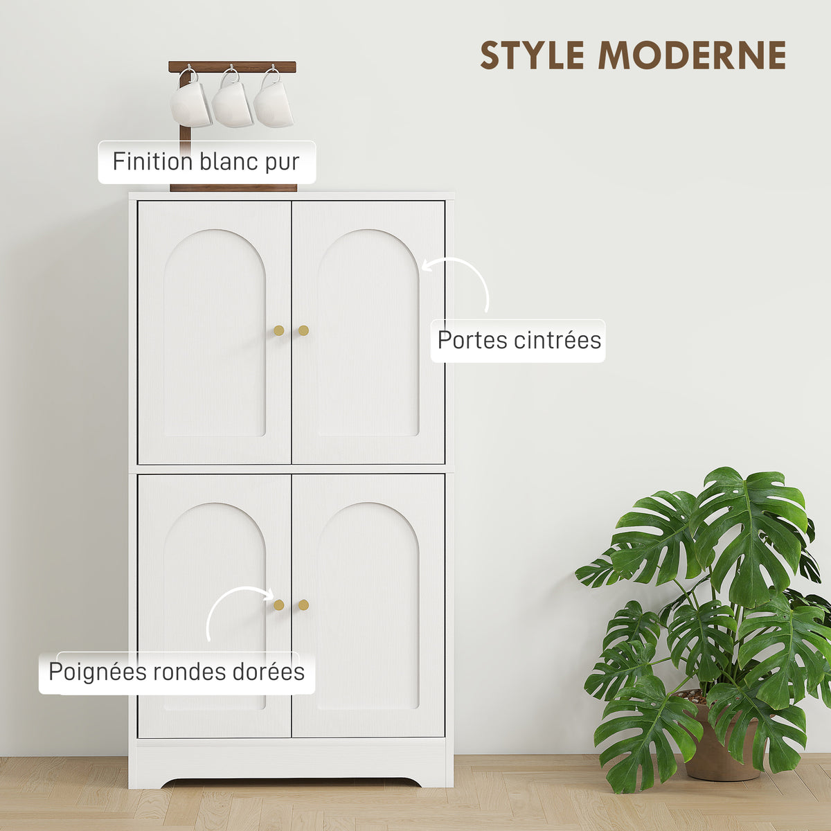 Buffet cuisine, meuble cuisine rangement avec 4 portes cintrées et 2 étagères réglables, 60 x 30 x 110 cm, blanc-3
