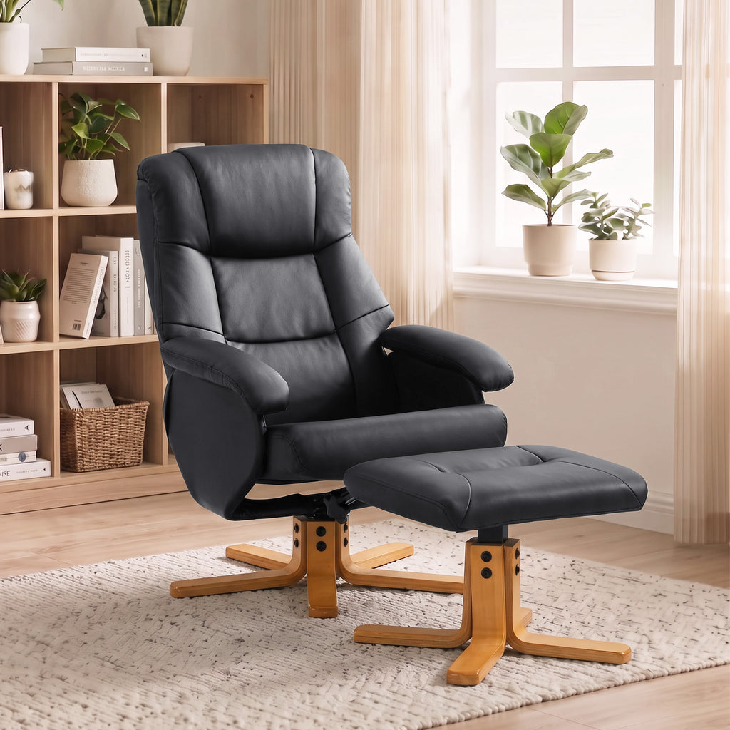 Fauteuil Relax avec Repose-Pied, Fauteuil de Relaxation Inclinable en PU, Pivotant 360°, Fonction Bascule, Noir-8