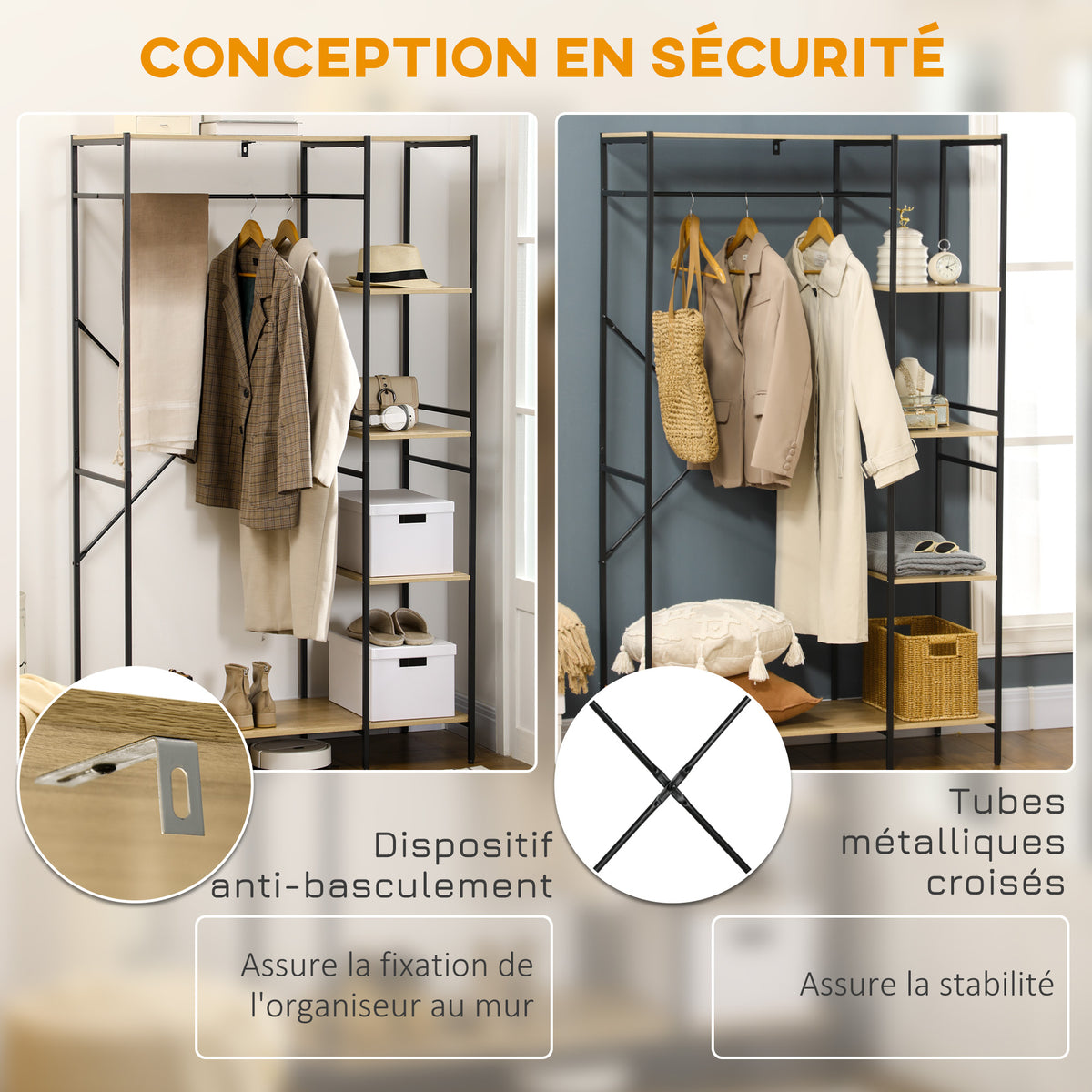 Penderie portant à vêtements style industriel en métal avec tringle et 4 étagères - dim. 100L x 46L x 170,5H cm-5