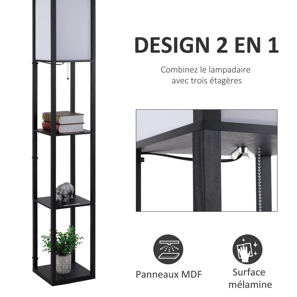 Lampadaire étagère 26L x 26l x 160H cm 3 étagères 4 Niveaux MDF Noir-3