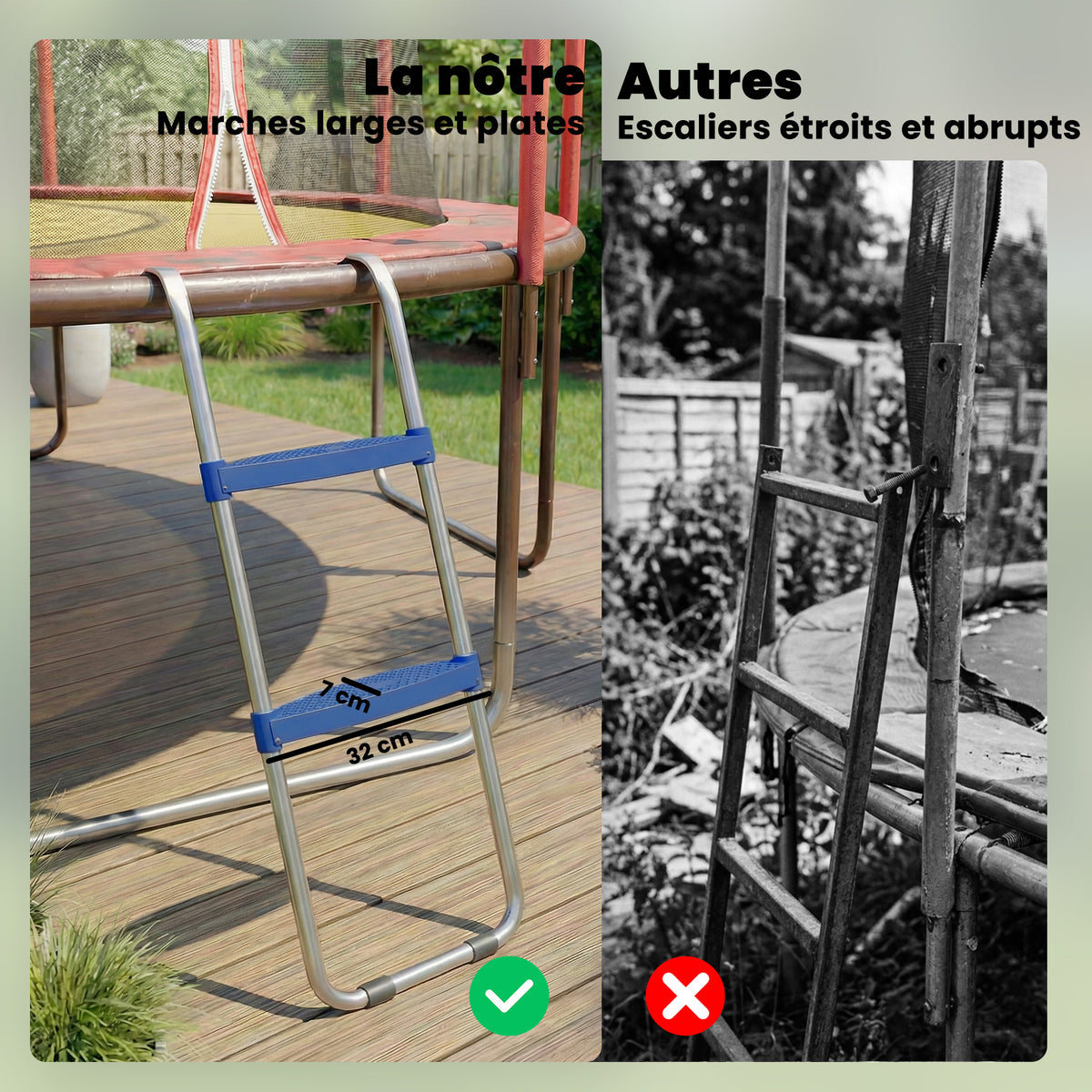 Échelle de Trampoline 2 Marches Larges avec Crochet Universel, Cadre en Acier Galvanisé, Charge 150 kg, 97x32x7 cm, Bleu-4