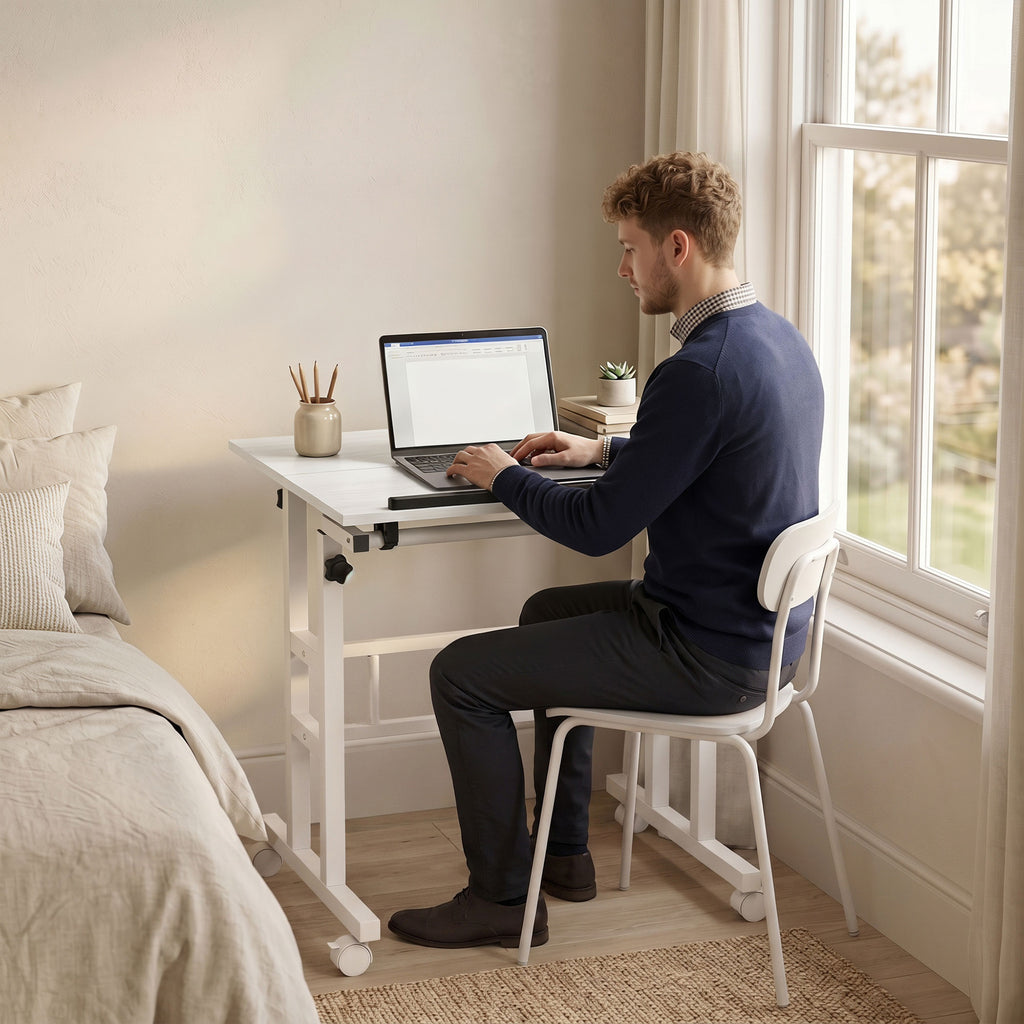 Bureau Assis-Debout, Bureau Réglable en Hauteur 70 x 60 cm, à Roulettes avec Plateau Inclinable, 70x60x70,5-120cm, Blanc-9