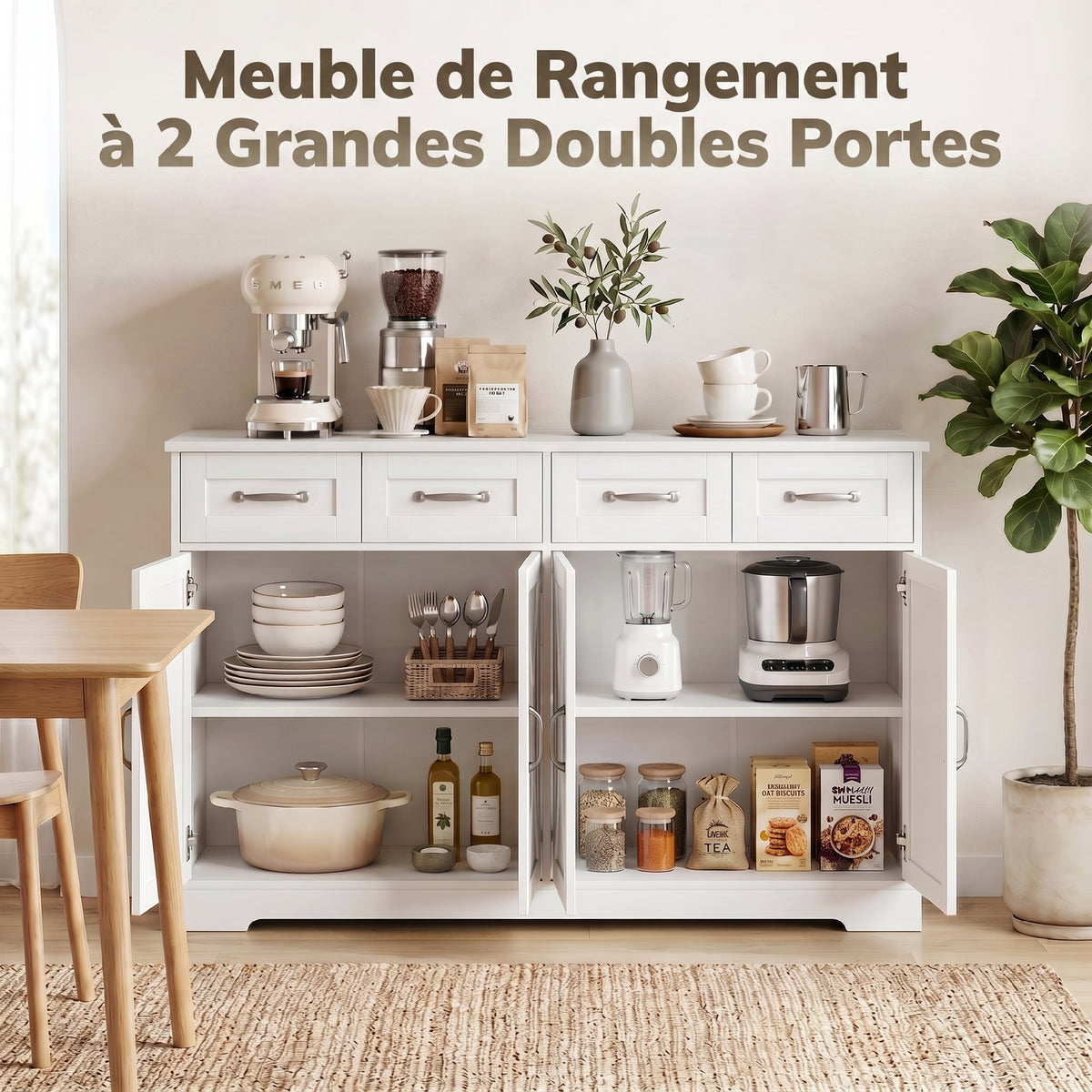 Buffet Cuisine avec Tiroirs, Portes, Étagères Réglables, Style Shaker, Dispositif Anti-Basculement, 140x38x80cm, Blanc-3