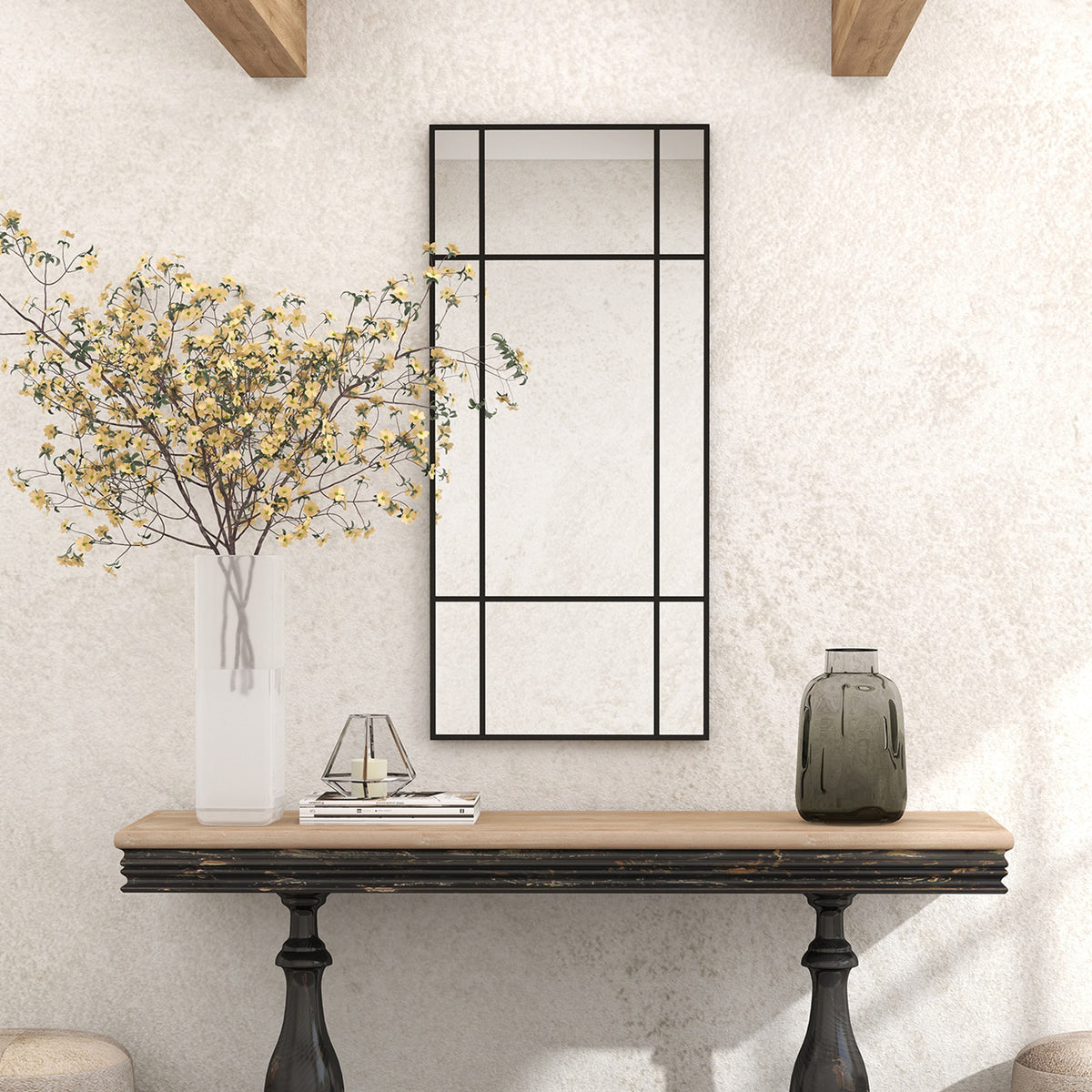 Miroir mural verrière rectangulaire style fenêtre, horizontal ou vertical avec 4 crochets, en métal noir - 110x50 cm-7
