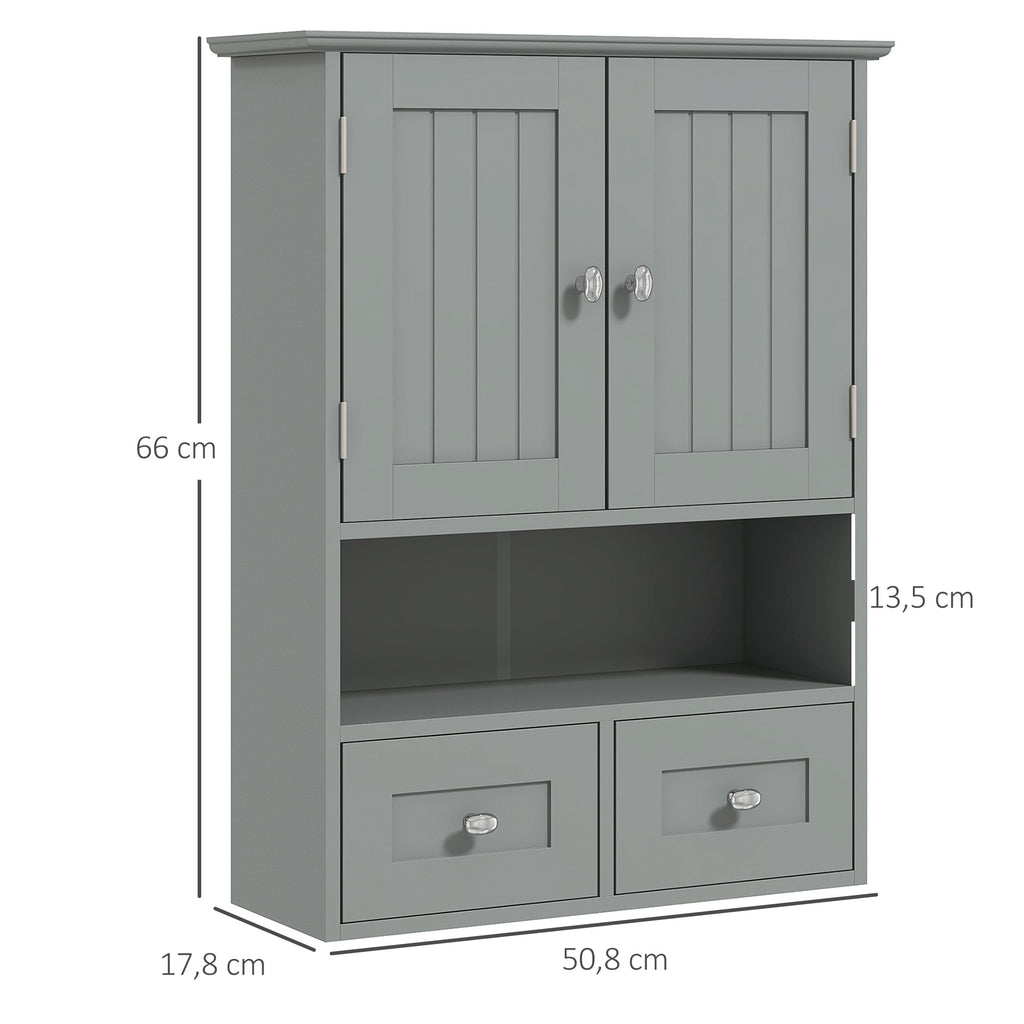 Armoire murale de salle de bain, armoire de toilette, avec portes, étagère, 2 tiroirs, 50,8l x 17,8P x 66H cm, gris-2